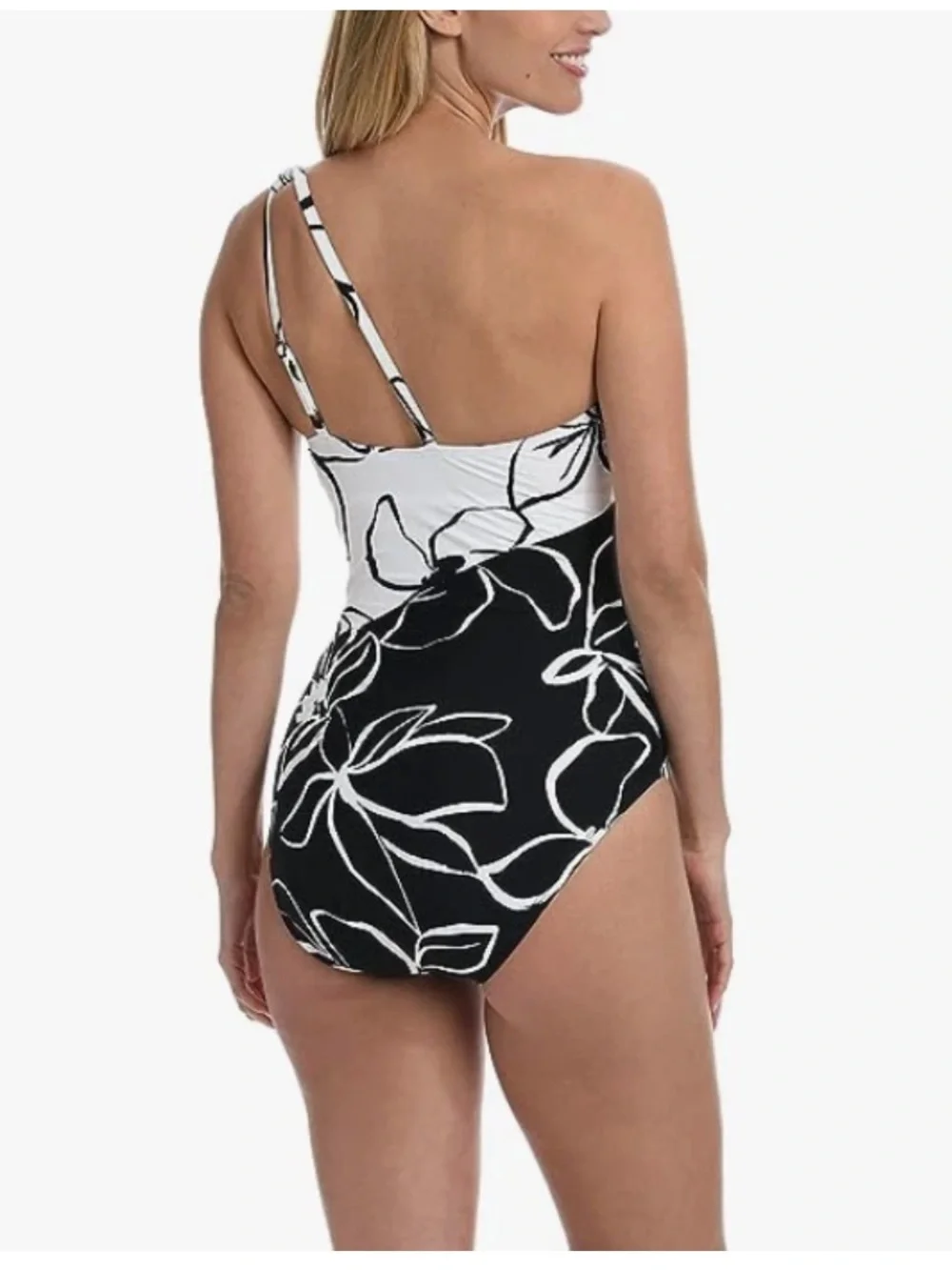 🟠NWT LA BLANCA Moonlit Silhouette One Shoulder Keyhole Swimsuit in Black/White